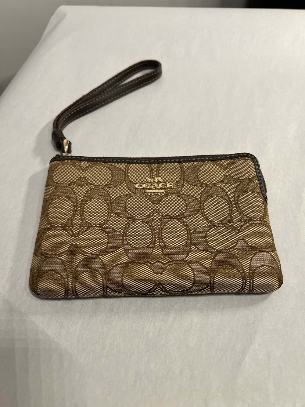 Coach Corner Zip Wristlet in Signature Canvas Khaki and Brown
